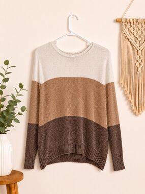Colorblock Crewneck Sweater in Cream, Tan & Brown